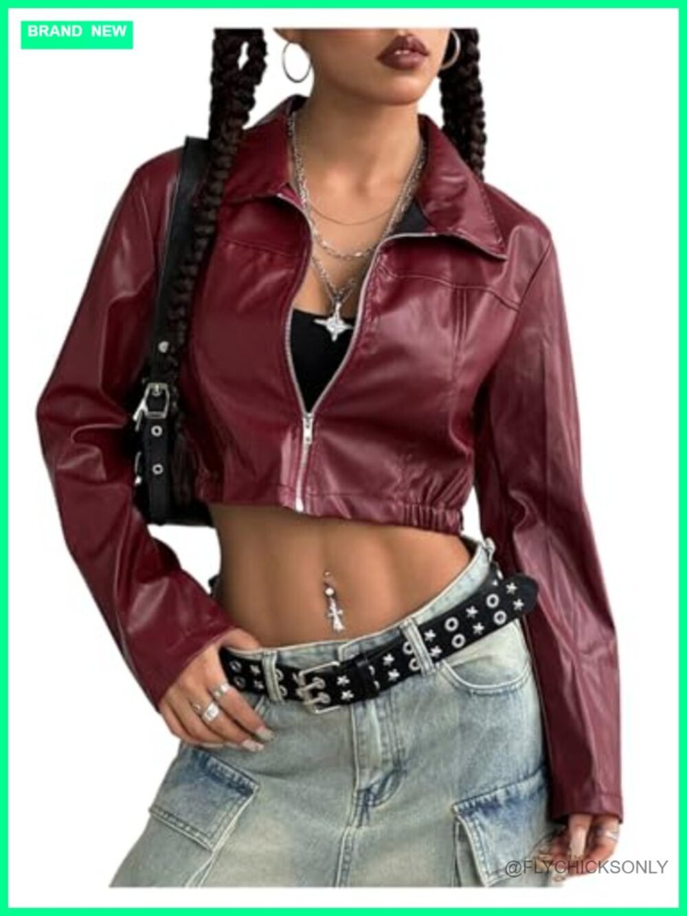 Cropped Faux Leather Motorcycle Jacket Lightweight Streetwear Long Sleeve Zip Up